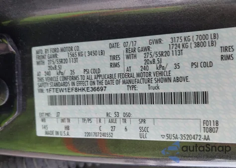 2017 Ford F-150 Lariat из США, поврежденный, VIN 1FTEW1EF8HKE36697